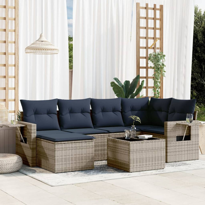 havesofasæt med 7 dele og hynder grå polyrattan
