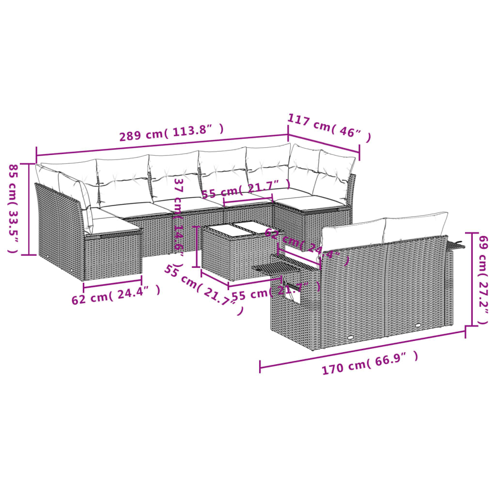 sofasæt til haven 10 dele med hynder polyrattan sort