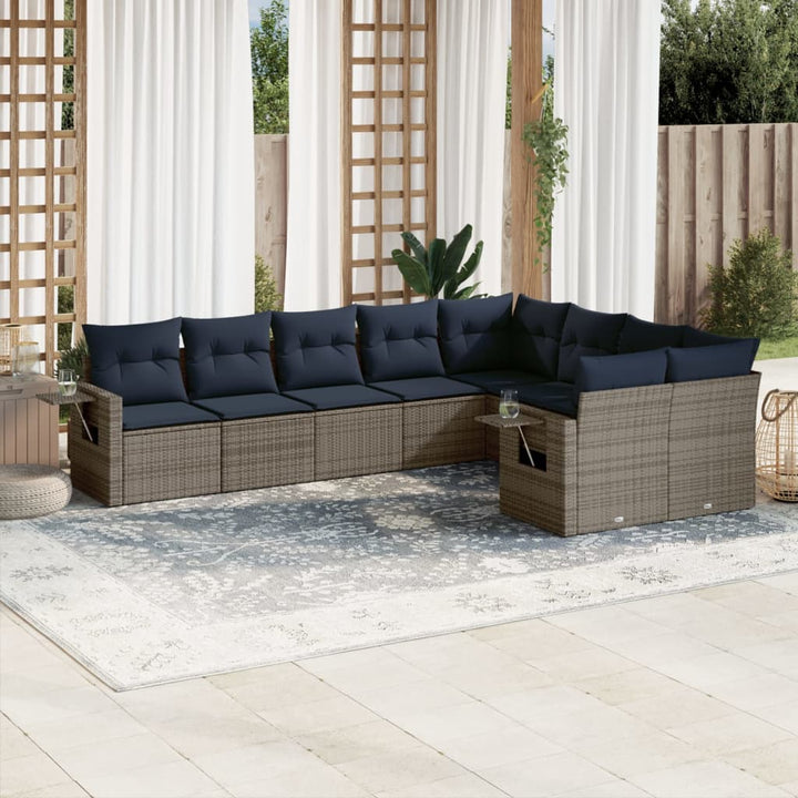 havesofasæt med 9 dele og hynder grå polyrattan