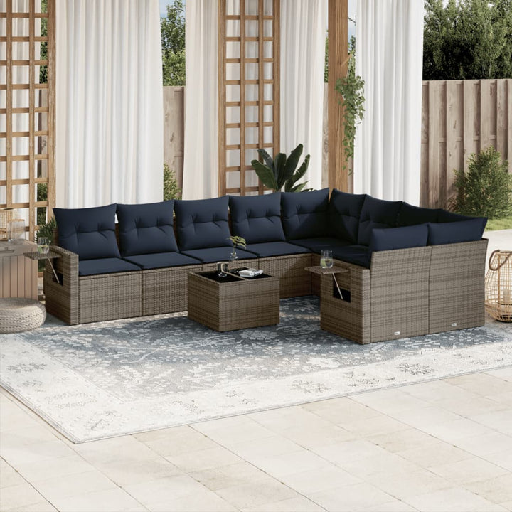 havesofasæt med 10 dele og hynder grå polyrattan
