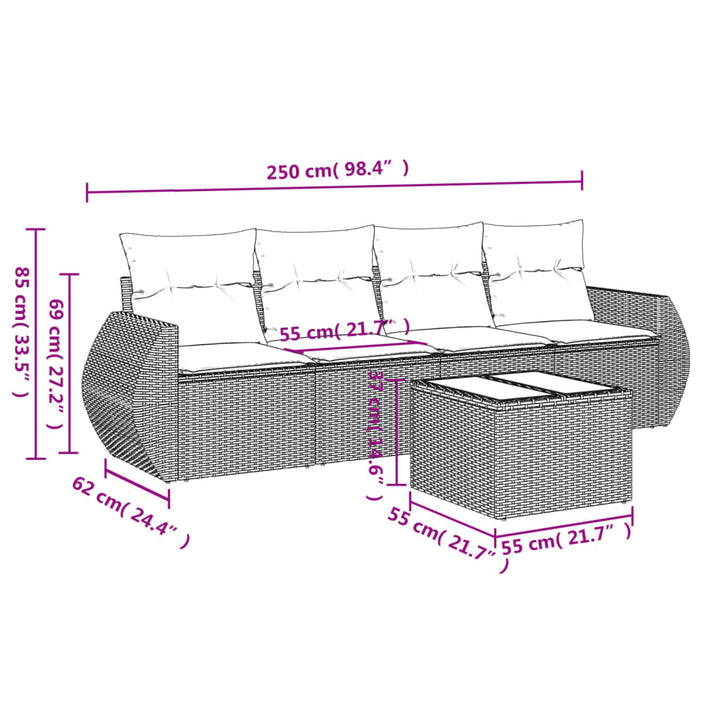 sofasæt til haven 5 dele med hynder polyrattan sort