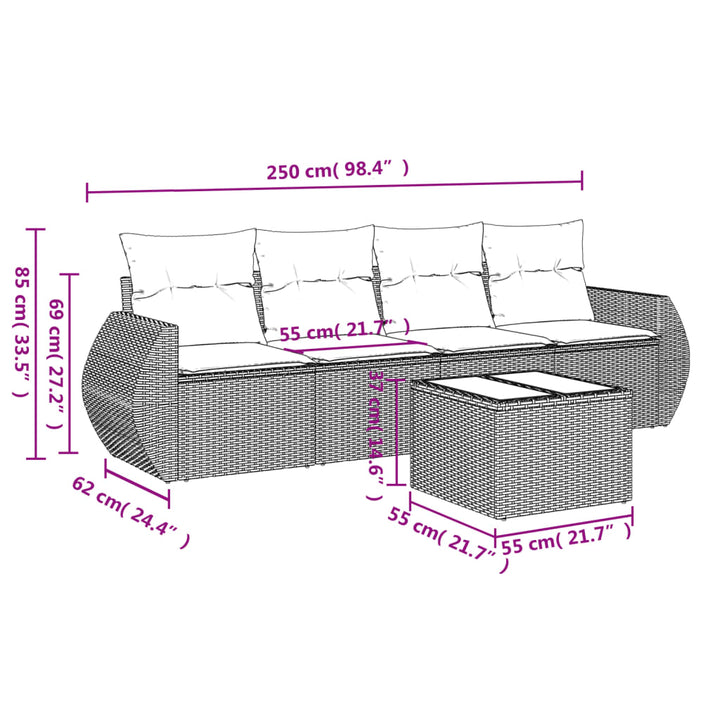 sofasæt 5 dele med hynder polyrattan grå