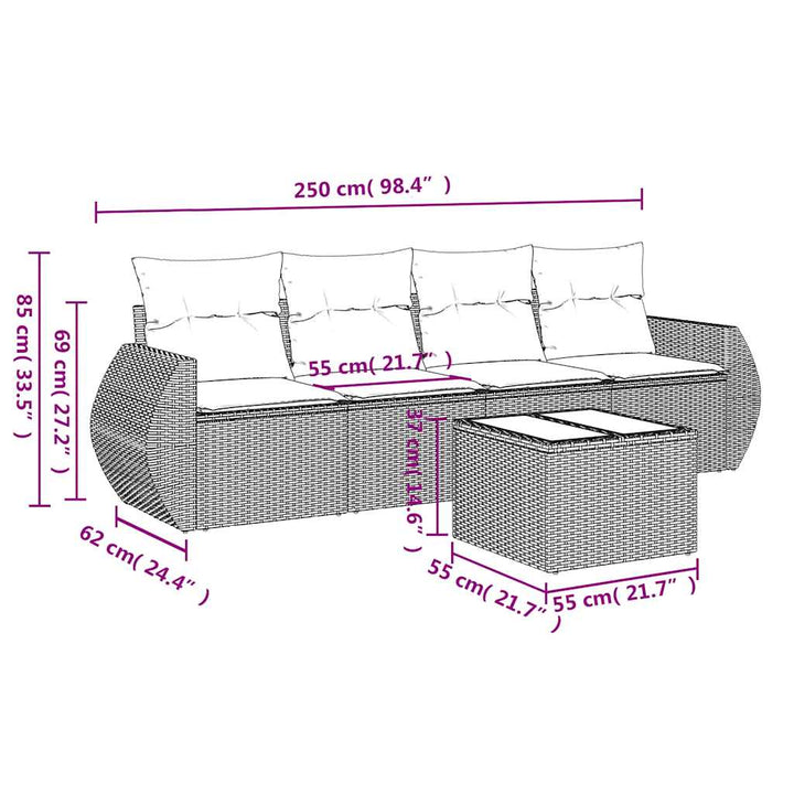 sofasæt 5 dele med hynder polyrattan lysegrå