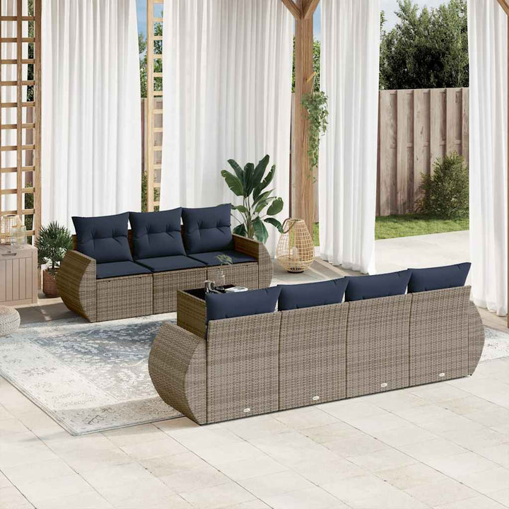 havesofasæt med 8 hynder grå polyrattan