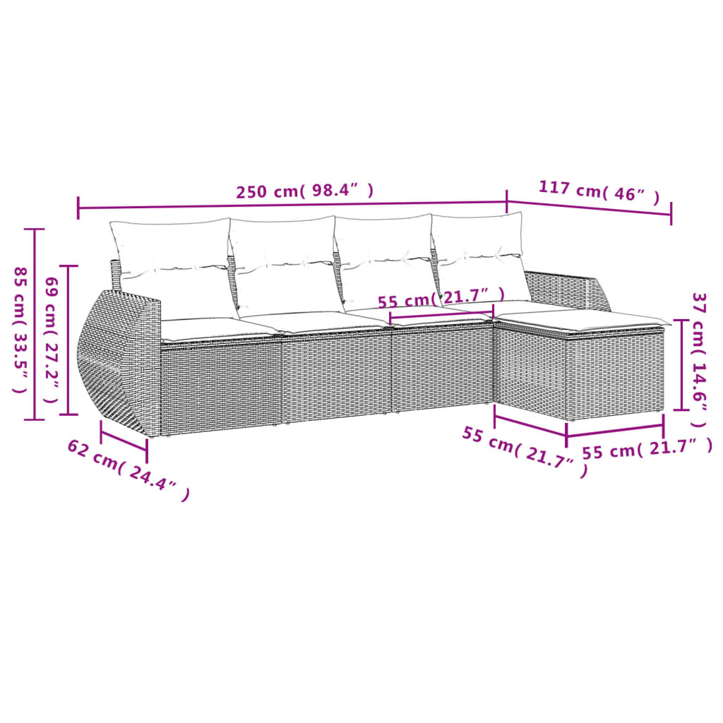 sofasæt 5 dele med hynder polyrattan grå