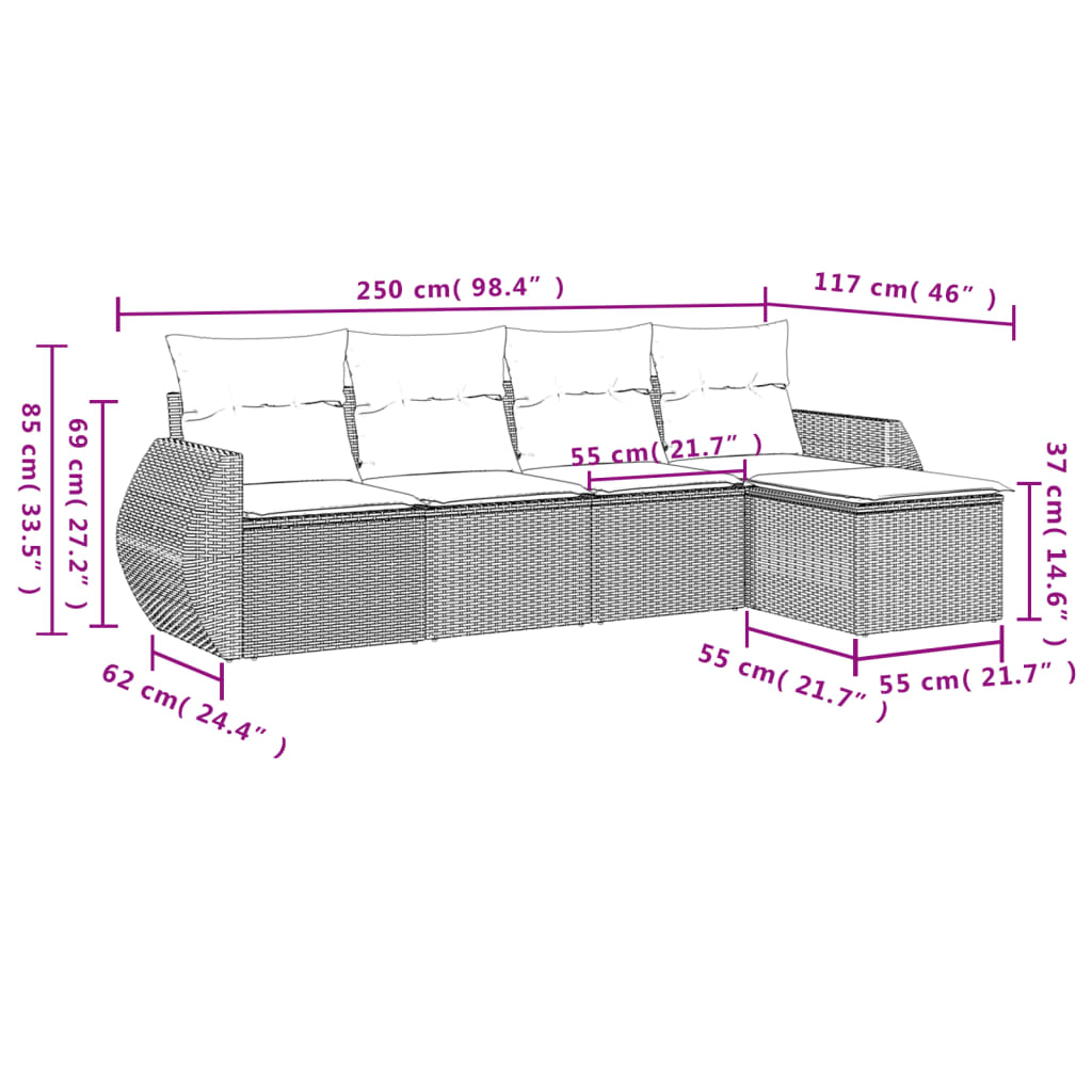 sofasæt 5 dele med hynder polyrattan lysegrå