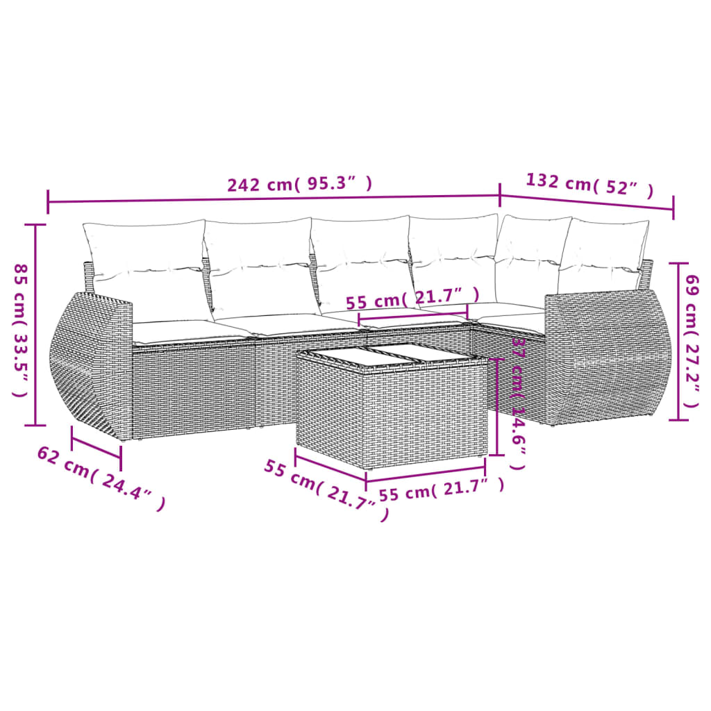 sofasæt til haven 6 dele med hynder polyrattan sort