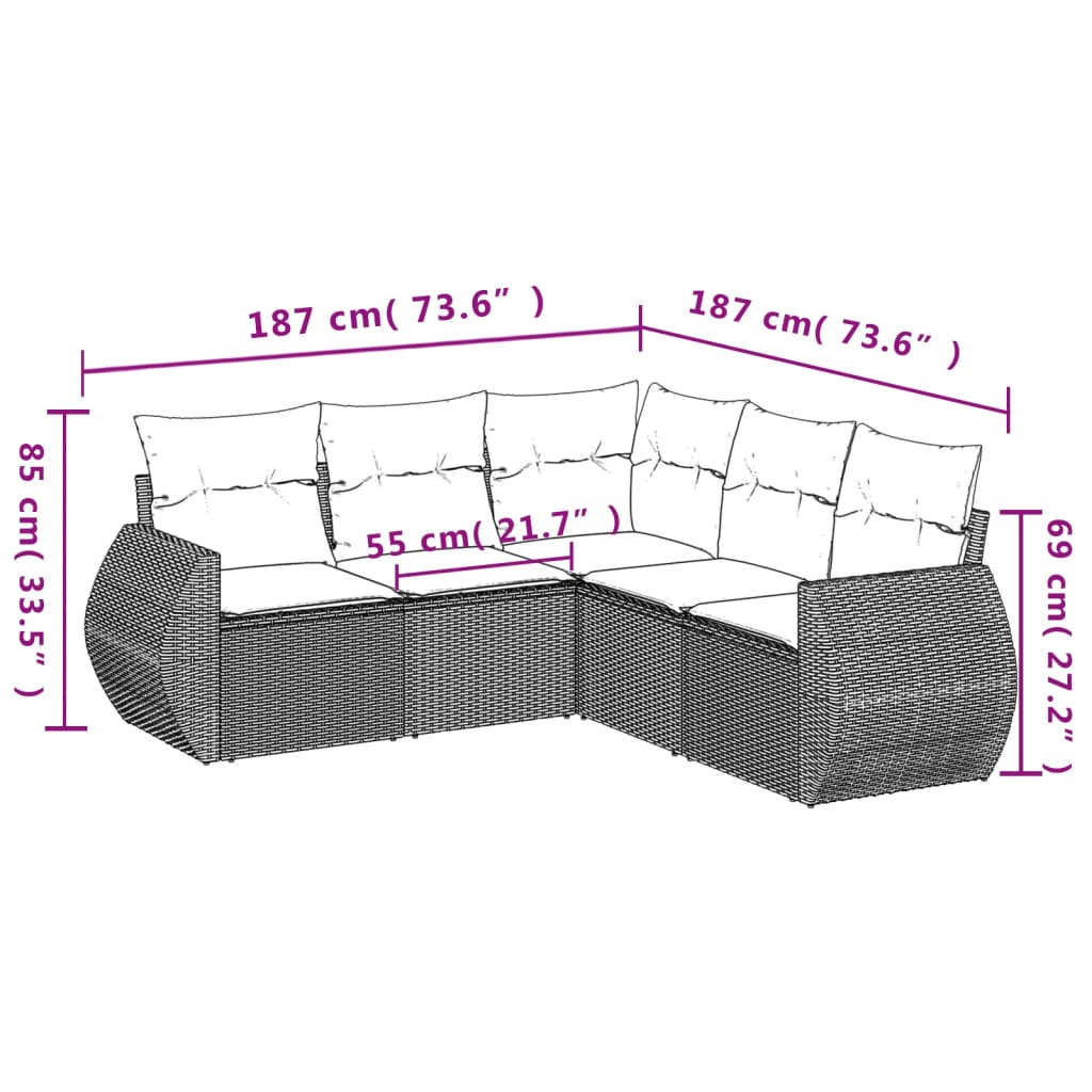 havesofasæt med 5 dele og hynder grå polyrattan