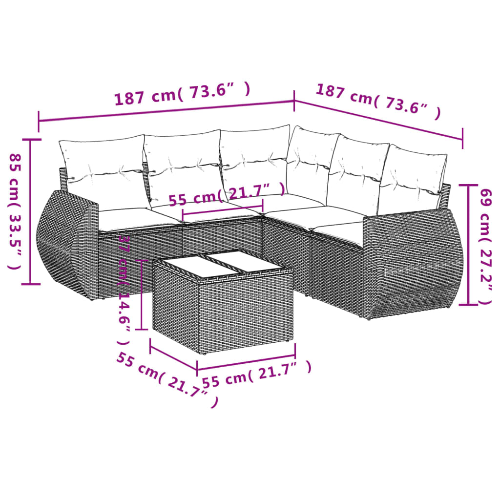 sofasæt til haven 6 dele med hynder polyrattan sort