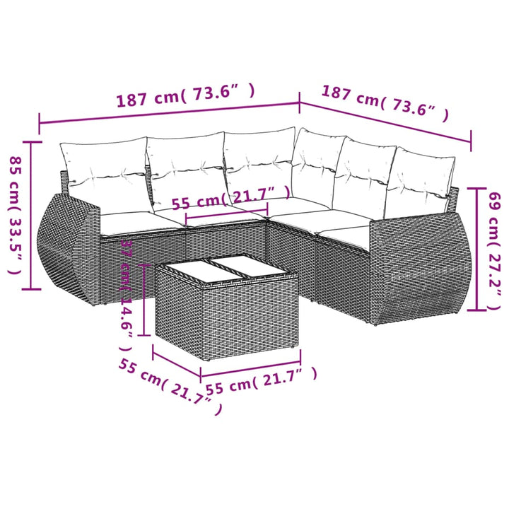 sofasæt til haven 6 dele med hynder polyrattan grå