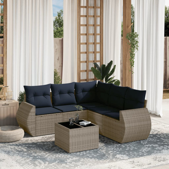 havesofasæt med 6 dele og hynder grå polyrattan