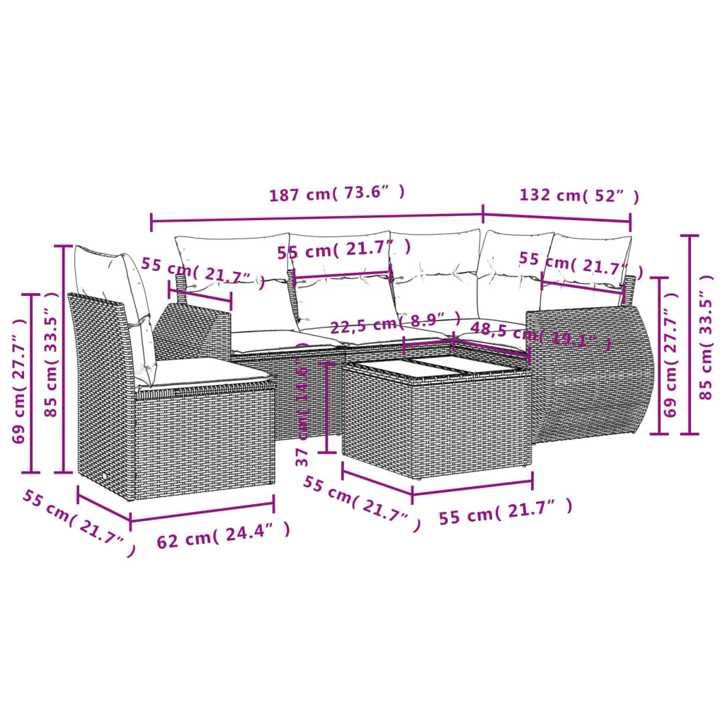 sofasæt til haven 6 dele med hynder polyrattan beige