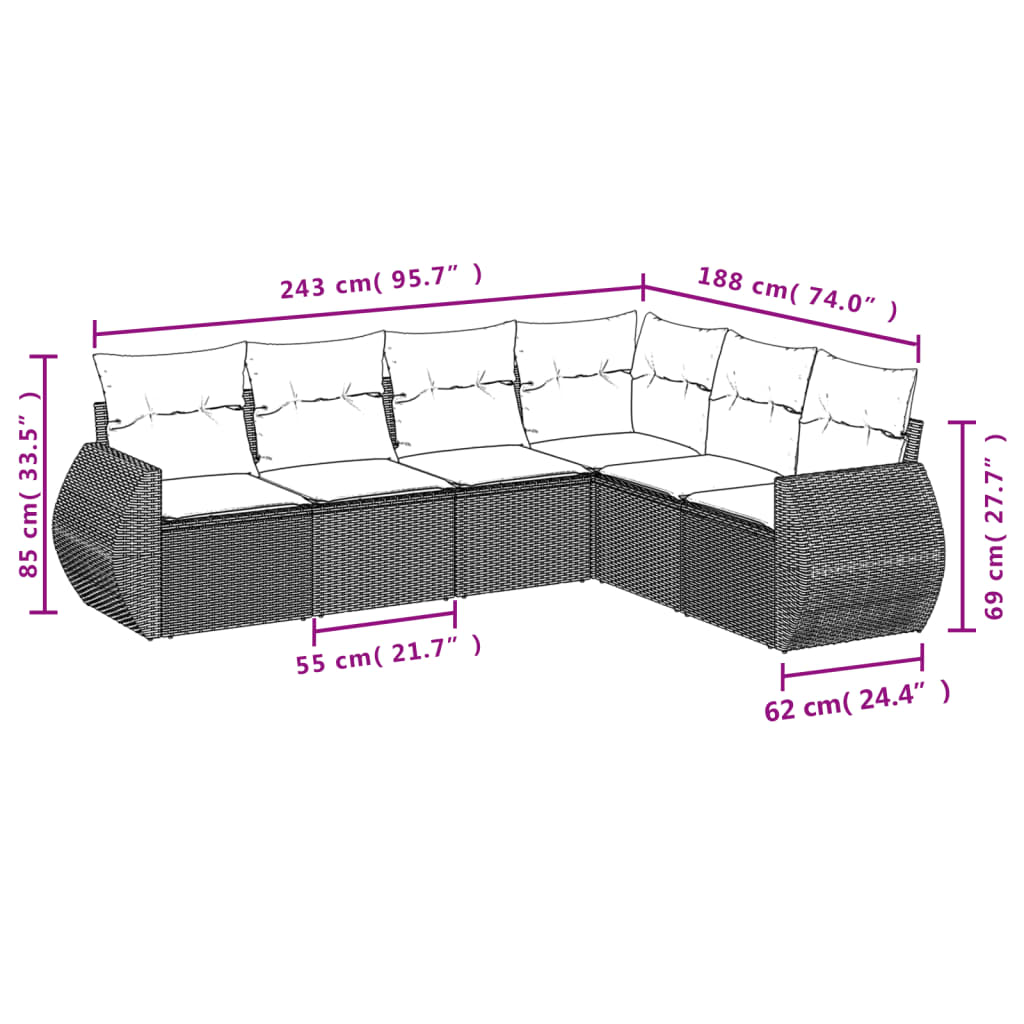 havesofasæt med 6 hynder brun polyrattan