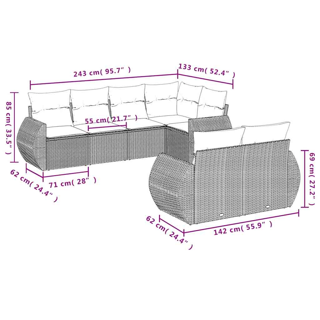 havesofasæt med 7 hynder brun polyrattan