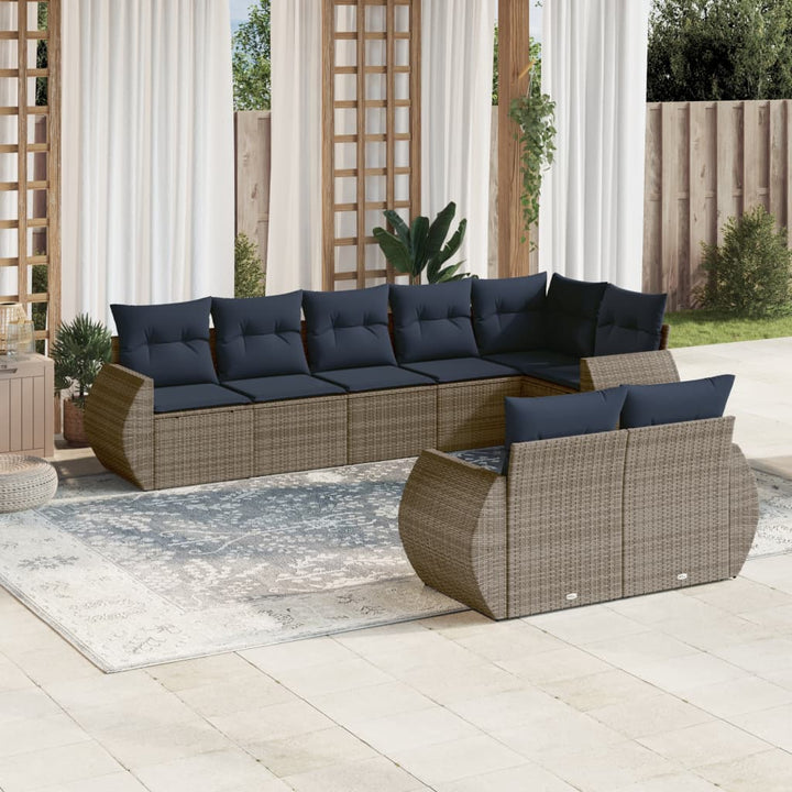 havesofasæt med 8 hynder grå polyrattan