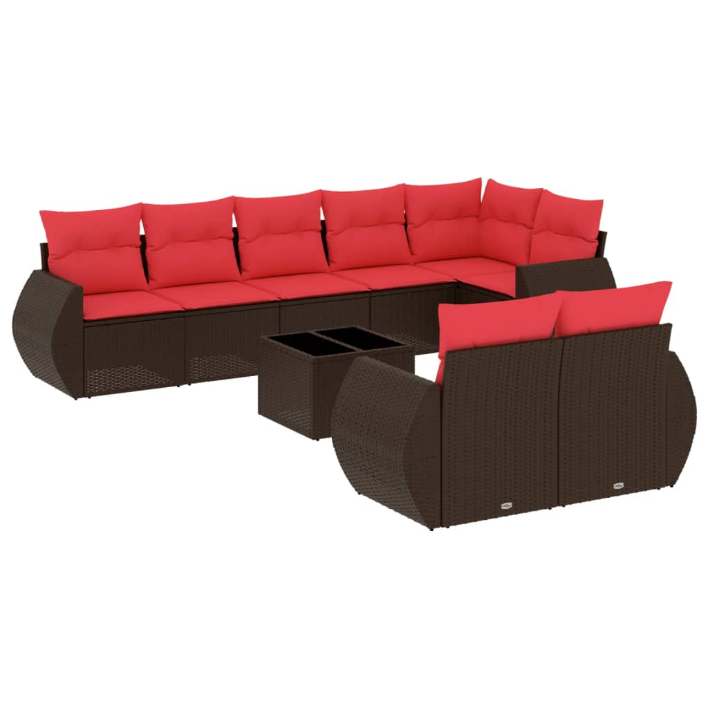 havesofasæt med 9 dele og hynder brun polyrattan