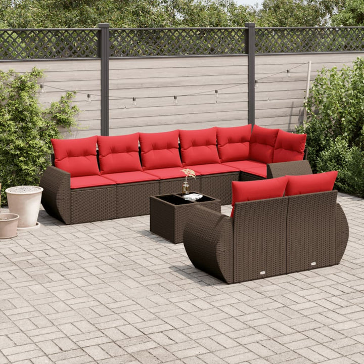havesofasæt med 9 dele og hynder brun polyrattan