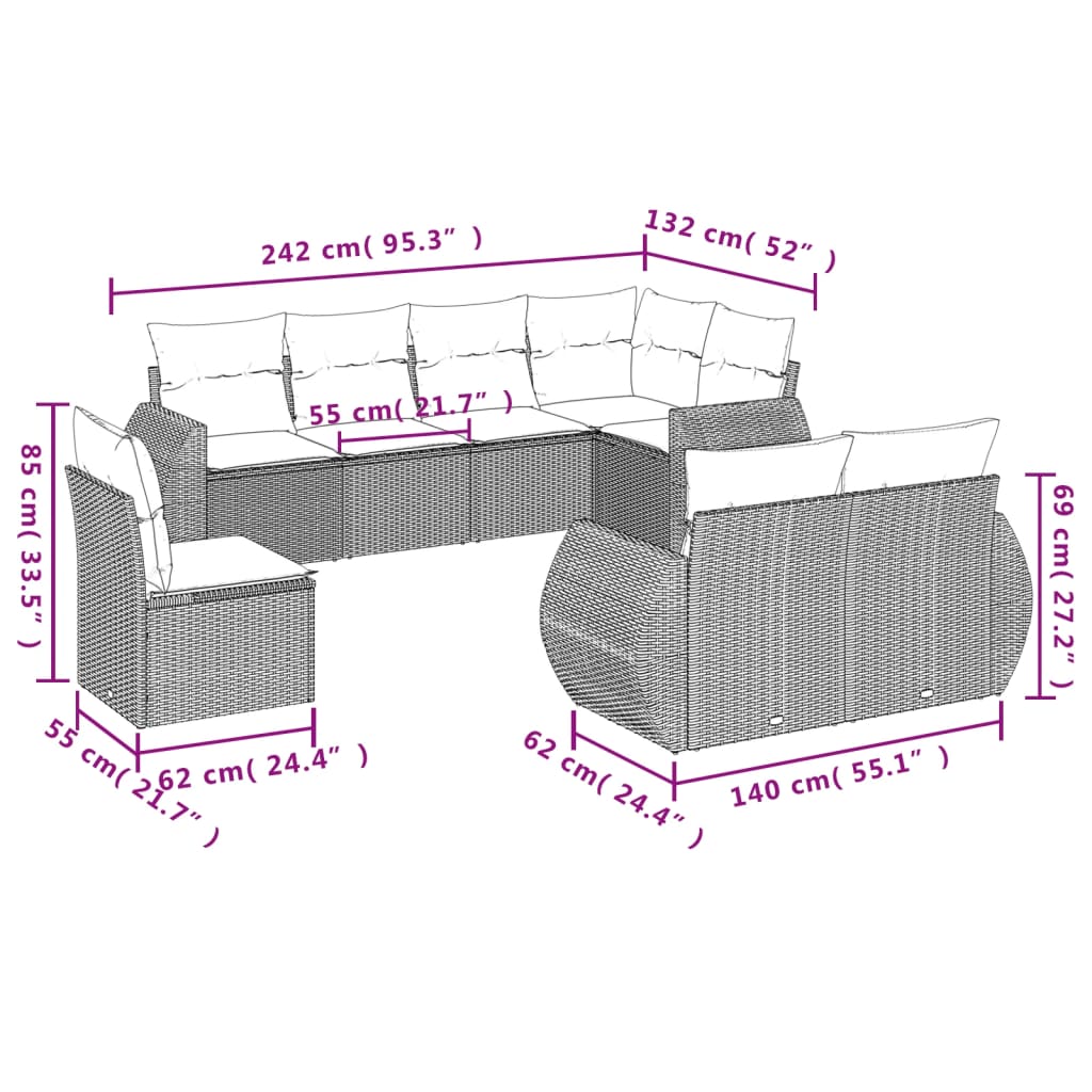 sofasæt til haven 8 dele med hynder polyrattan beige