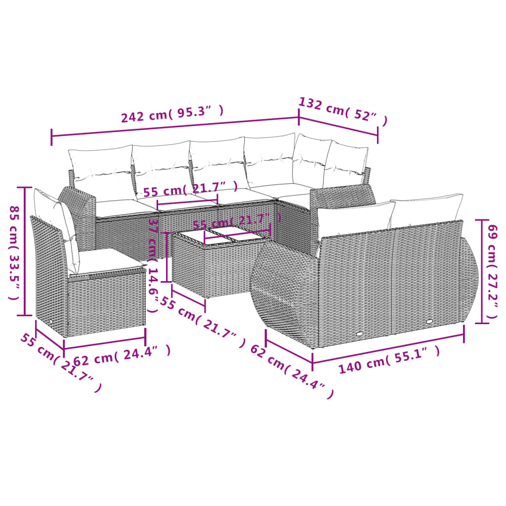 havesofasæt med 9 dele og hynder sort polyrattan