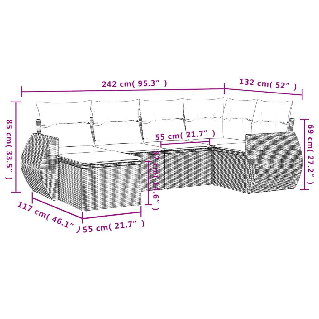 sofasæt til haven 6 dele med hynder polyrattan sort