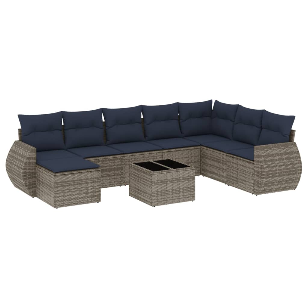 havesofasæt med 9 dele og hynder grå polyrattan