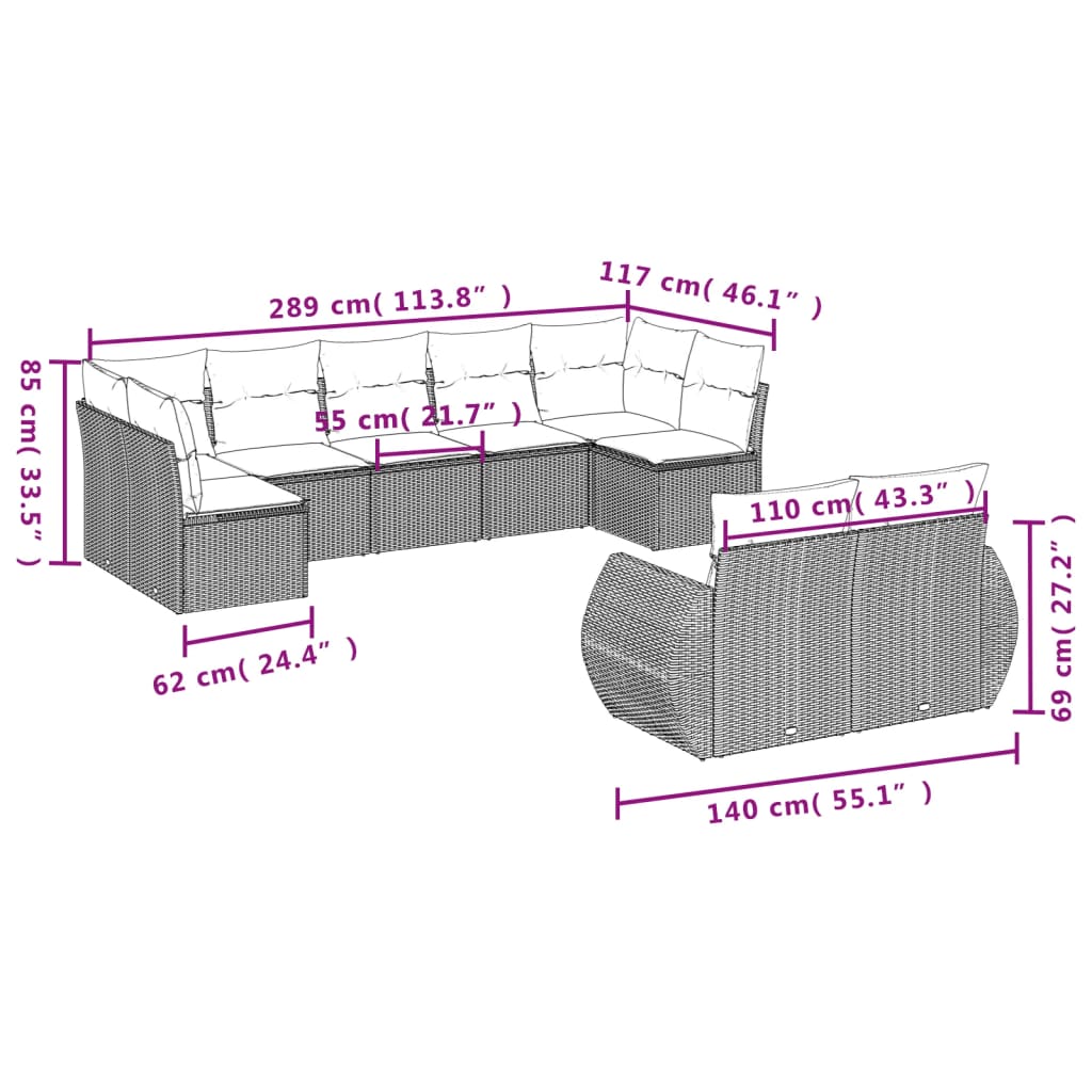 havesofasæt med 9 dele og hynder sort polyrattan