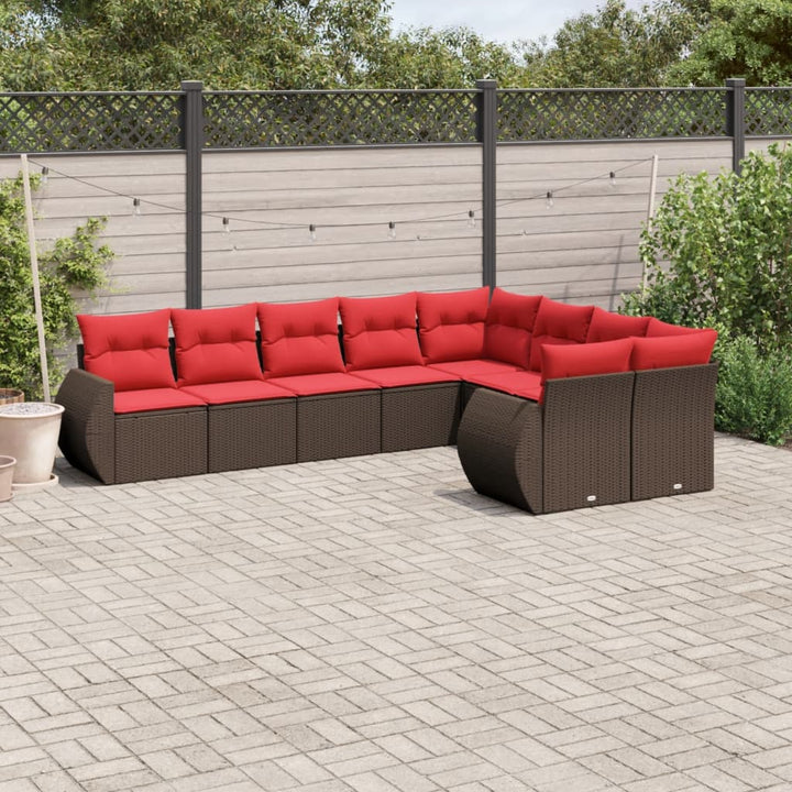 havesofasæt med 9 dele og hynder brun polyrattan