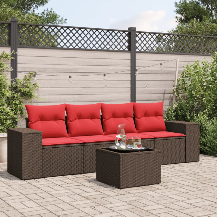 havesofasæt med 5 dele og hynder brun polyrattan