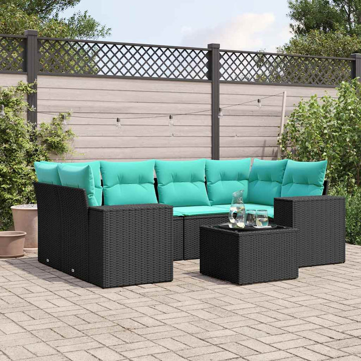 havesofasæt med 7 hynder sort polyrattan