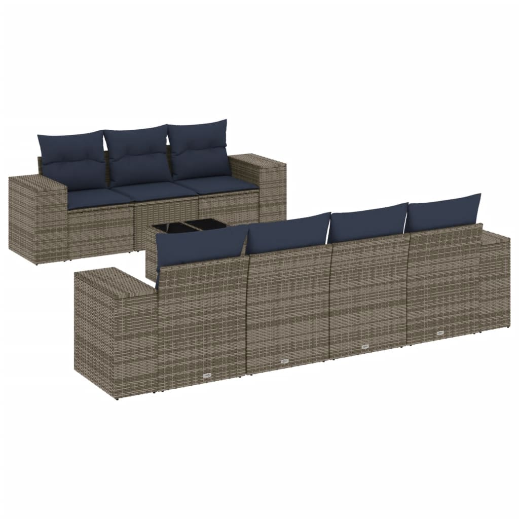 havesofasæt med 8 hynder grå polyrattan