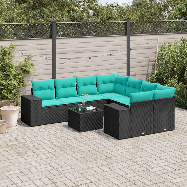 havesofasæt med 9 dele og hynder sort polyrattan