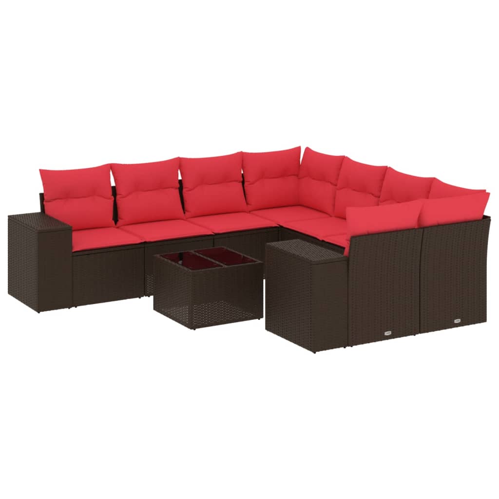 havesofasæt med 9 dele og hynder brun polyrattan