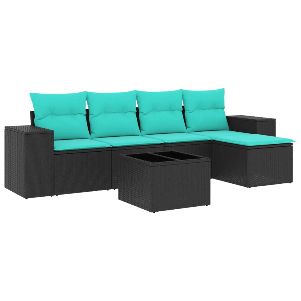 havesofasæt med 6 hynder sort polyrattan