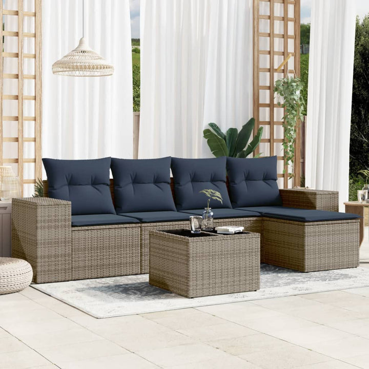 havesofasæt med 6 dele og hynder grå polyrattan