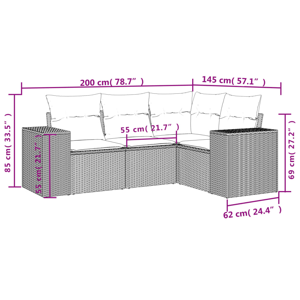 havesofasæt med 4 dele og hynder sort polyrattan