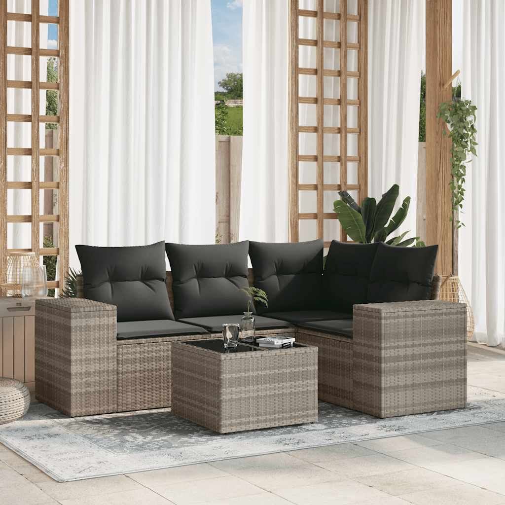 sofasæt 5 dele med hynder polyrattan lysegrå