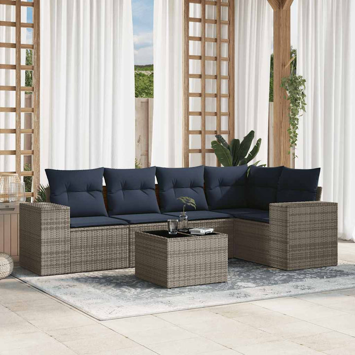 havesofasæt med 6 dele og hynder grå polyrattan