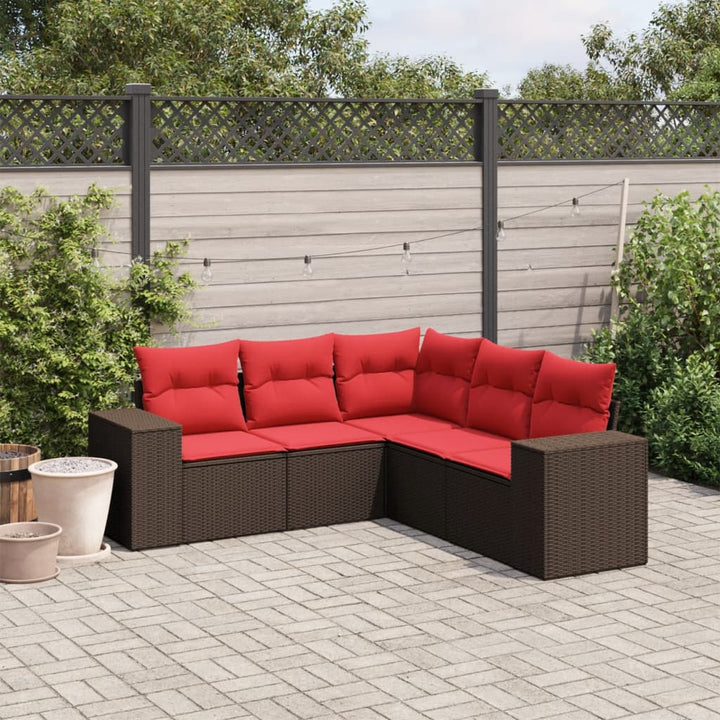 havesofasæt med 5 dele og hynder brun polyrattan