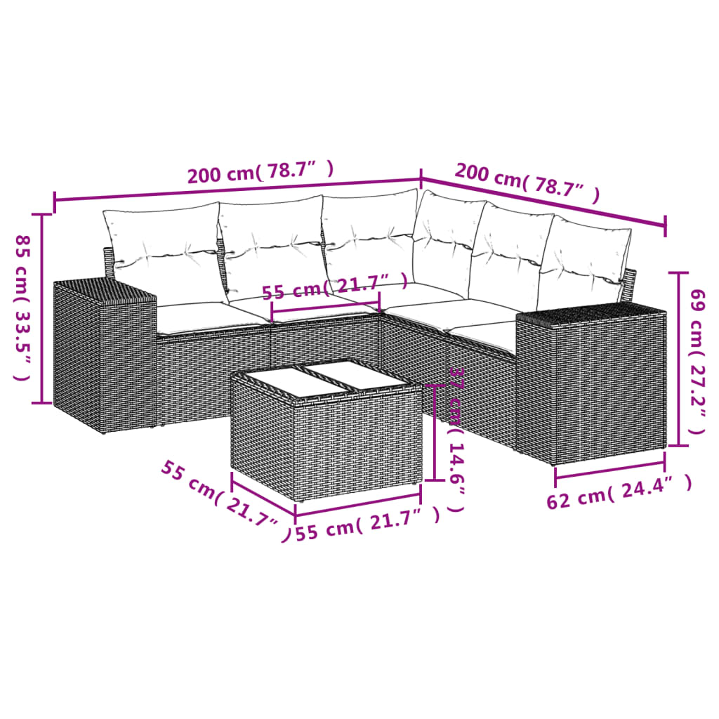 sofasæt til haven 6 dele med hynder polyrattan sort