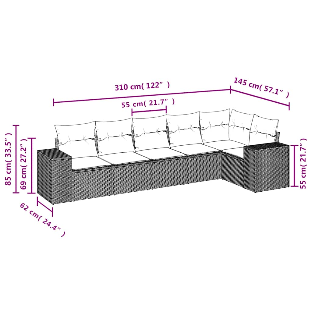 sofasæt til haven 6 dele med hynder polyrattan brun