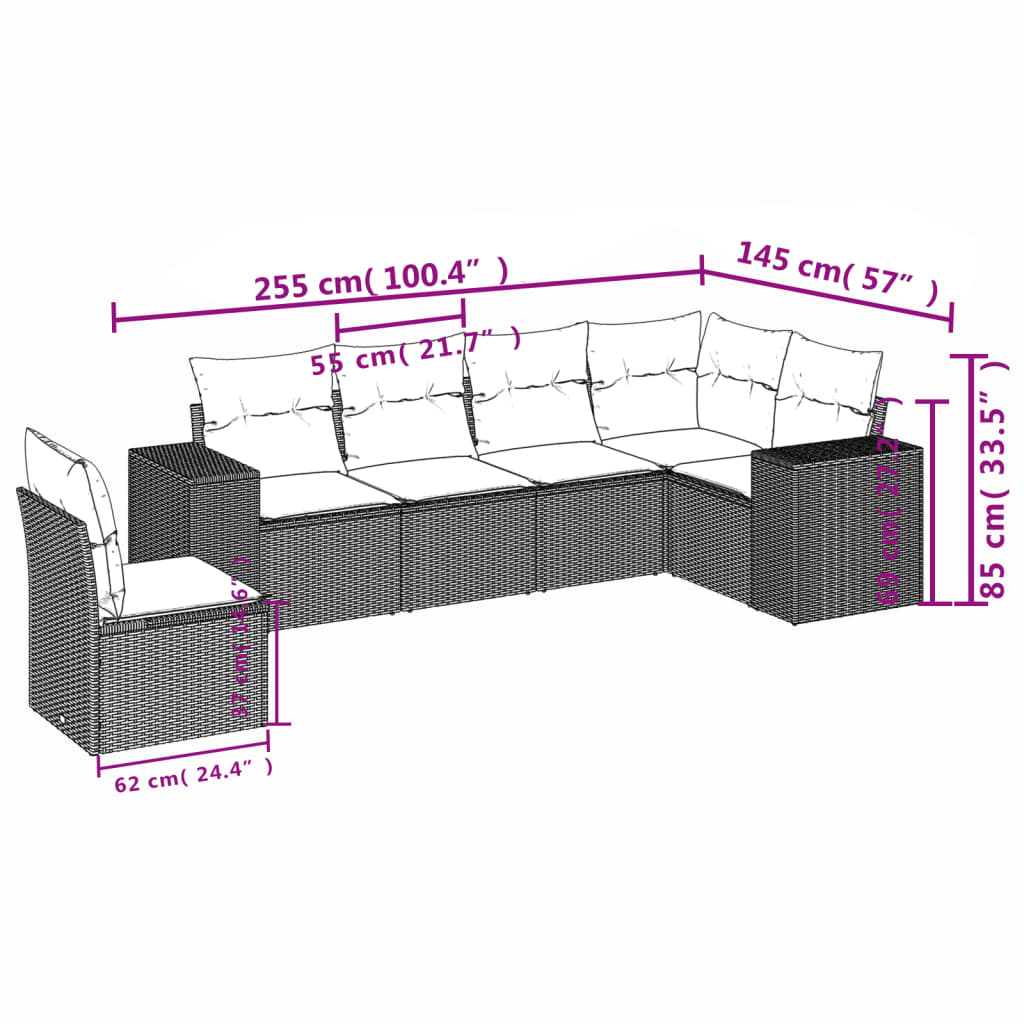 sofasæt til haven 6 dele med hynder polyrattan grå