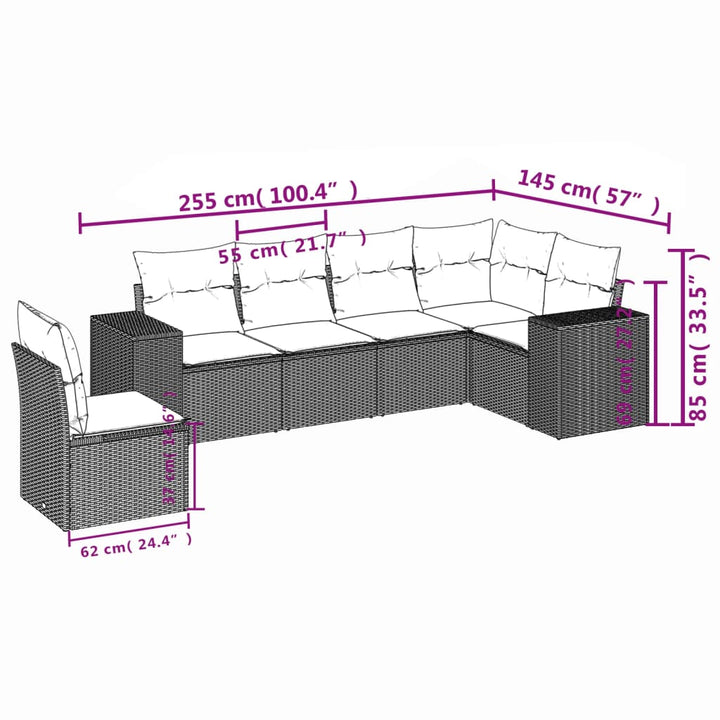 havesofasæt med 6 dele og hynder grå polyrattan