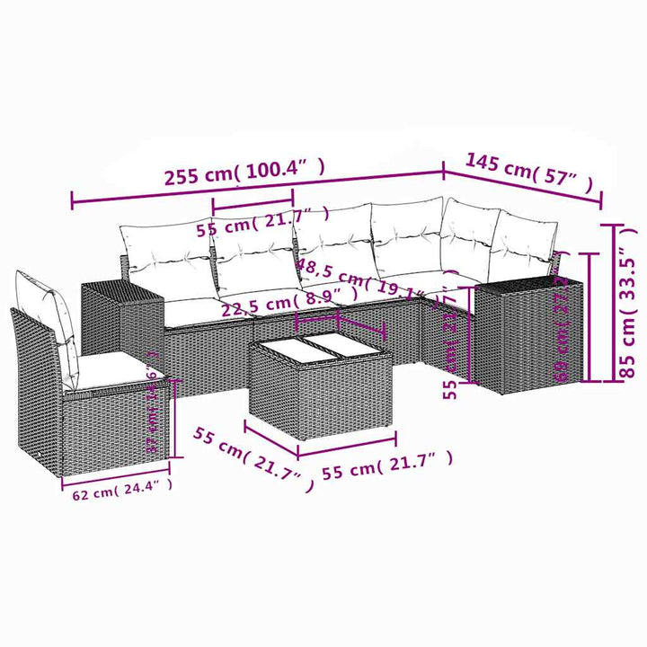 havesofasæt med 7 hynder sort polyrattan