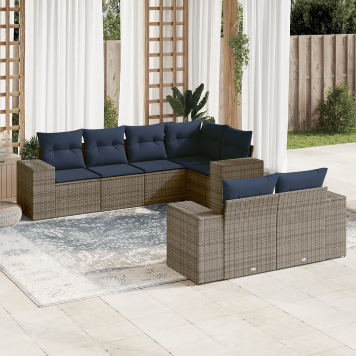 havesofasæt med 7 dele og hynder grå polyrattan