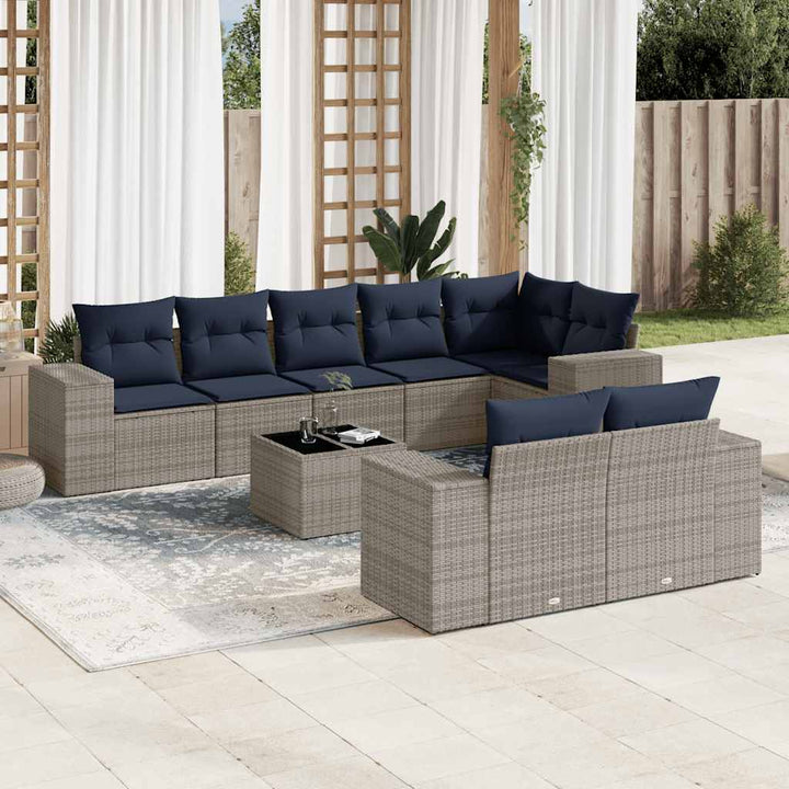 havesofasæt med 9 dele og hynder grå polyrattan