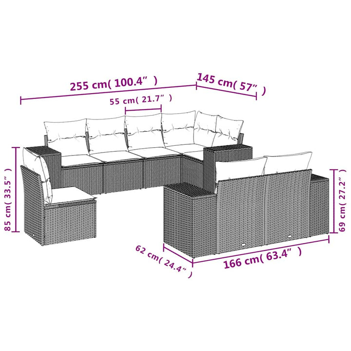 havesofasæt med 8 hynder grå polyrattan