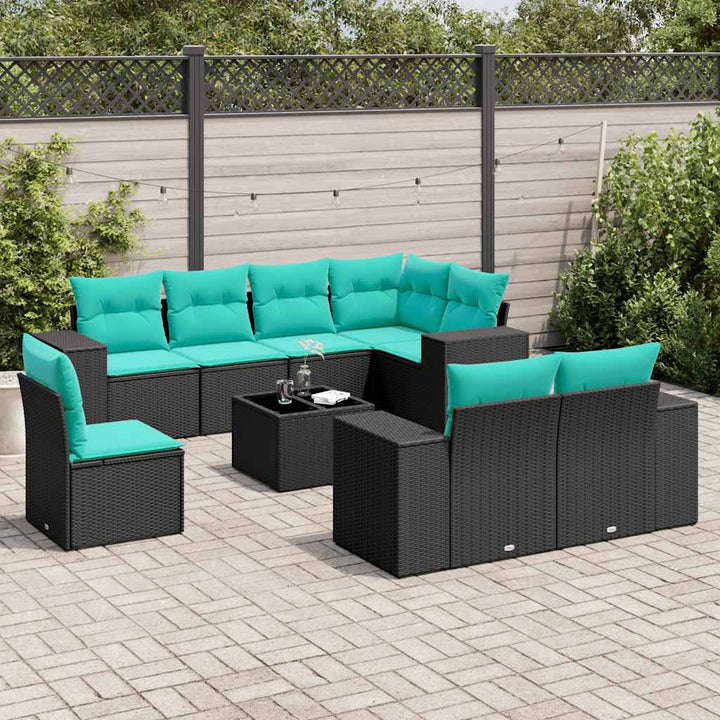 havesofasæt med 9 dele og hynder sort polyrattan