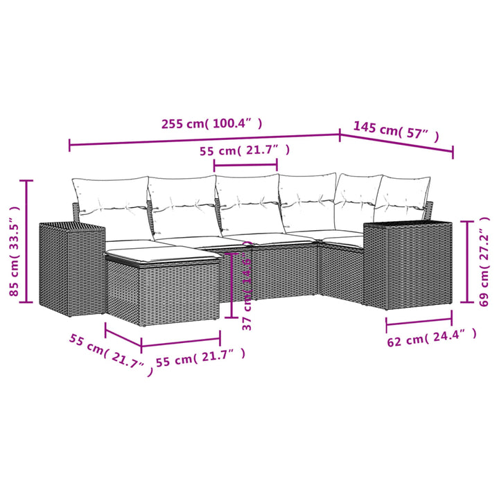 sofasæt til haven 6 dele med hynder polyrattan sort