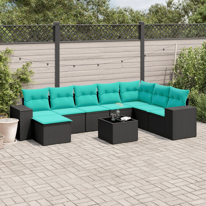 havesofasæt med 9 dele og hynder sort polyrattan