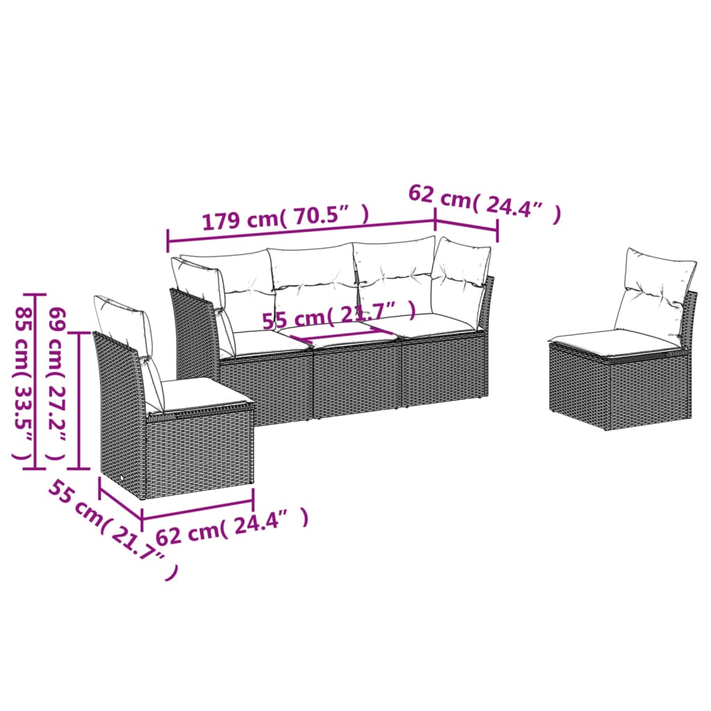 sofasæt 5 dele med hynder polyrattan lysegrå